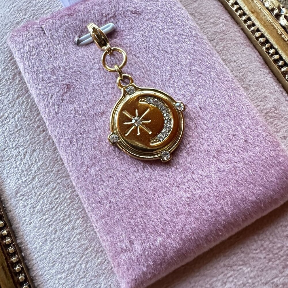 Moon & Star Charm Pendant 18k Gold PVD Stainless Steel Micro Crystals w/ Clasp - Picture 9 of 13